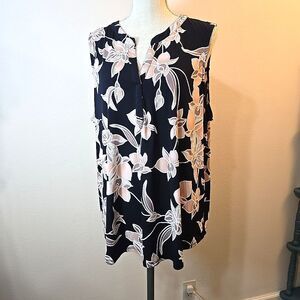 Papermoon Plus Size 2X Navy Blue w Pink Floral Print Sleeveless Blouse Top